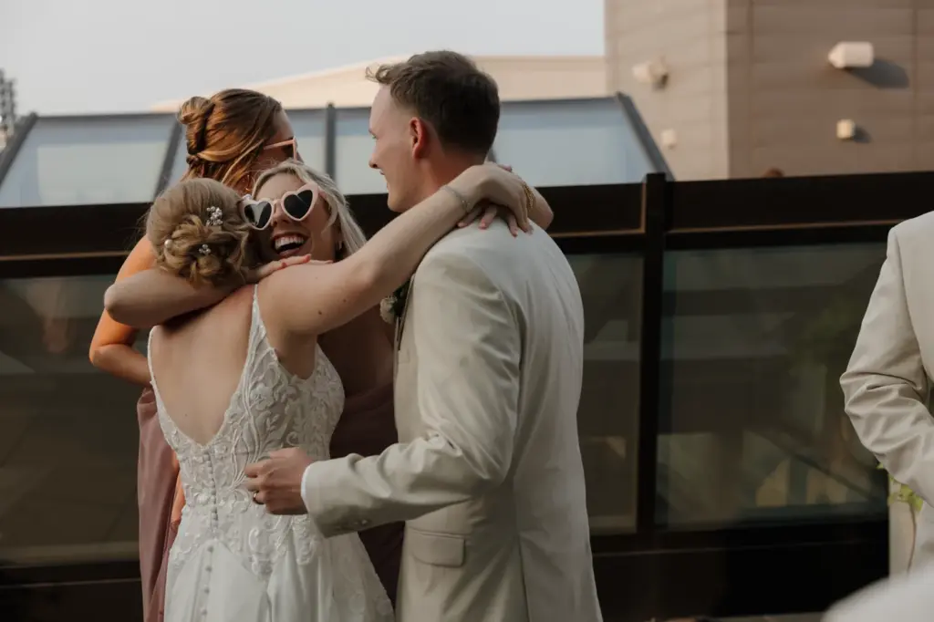 Detroit rooftop wedding reception at golden hour