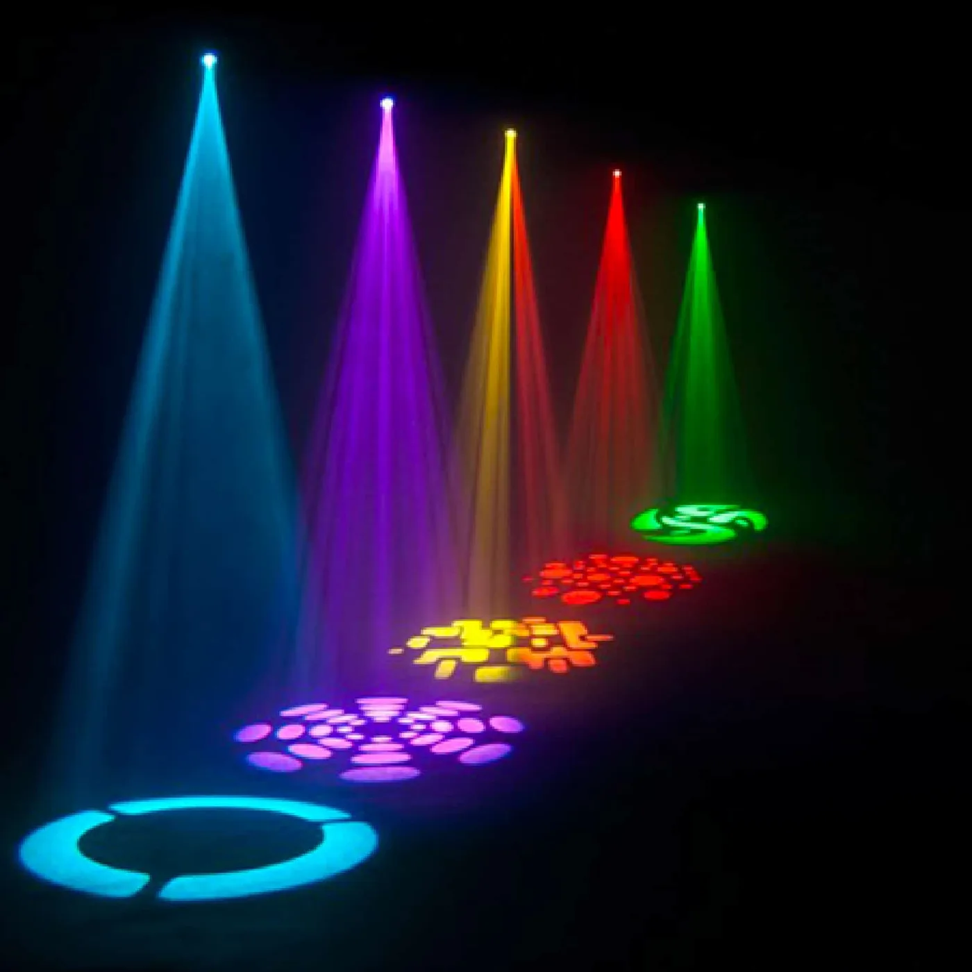 Colored moving-head spotlight beams projecting patterns across a dance floor